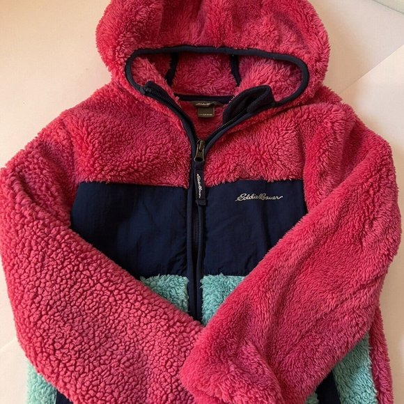 eddie bauer girls sherpa fleece hooded jacket pink and navy size XS 5/6 - Picture 2 of 5